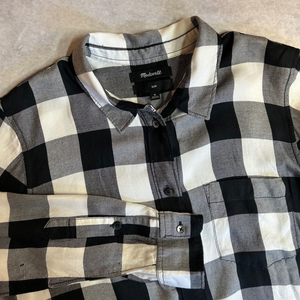 Madewell Slim Buffalo Check Button Down Shirt Black White F5255 Medium